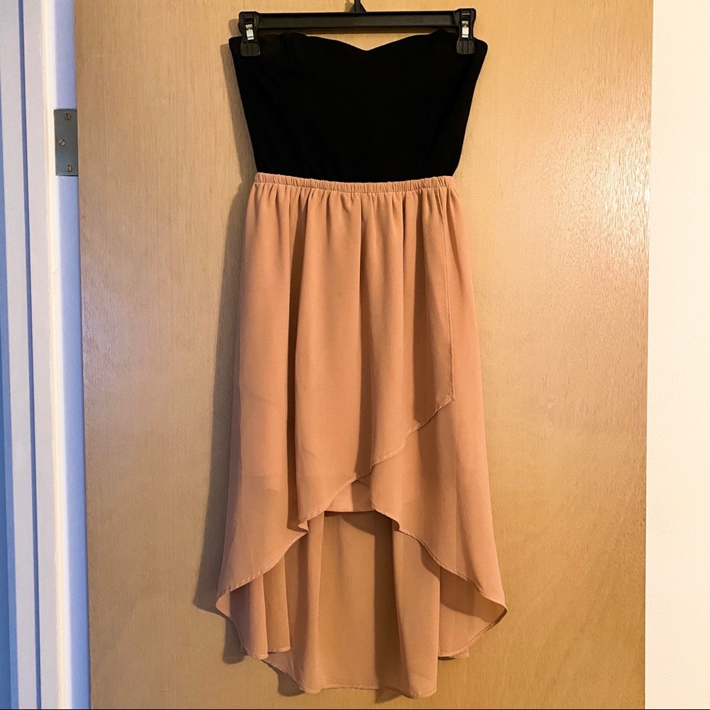 Wet Seal Black/Tan Strapless Hi-Low Dress - Small